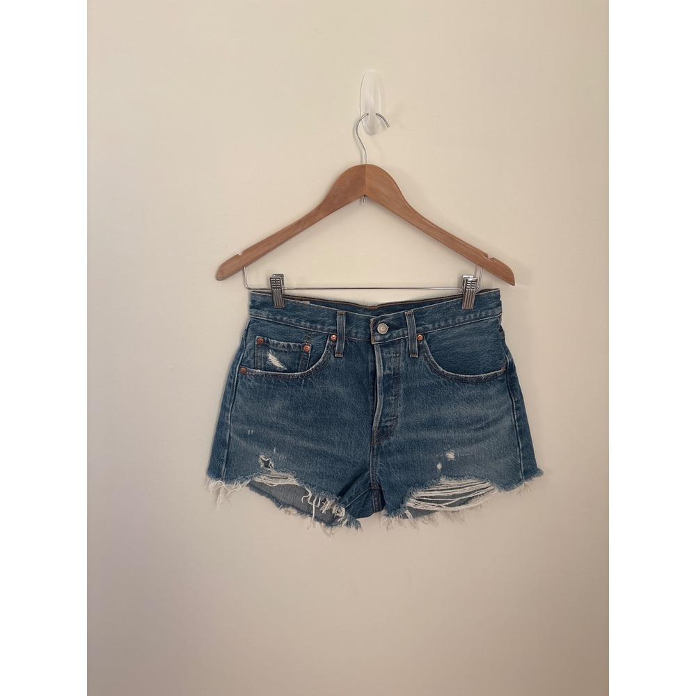 Levi's 501 Cutoff Denim Shorts Distressed Frayed‎ Hem Blue Jean W27